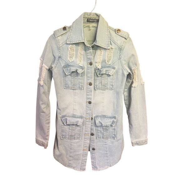 Tanming distressed Women’s Denim Jacket Sz XS  Cotton Blue NWOT - Picture 1 of 7
